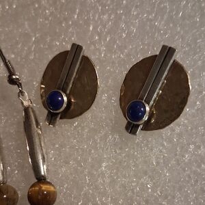 Vintage Silver and Gold Earrings with Blue Lapis and Brown Cats Eye Quartz